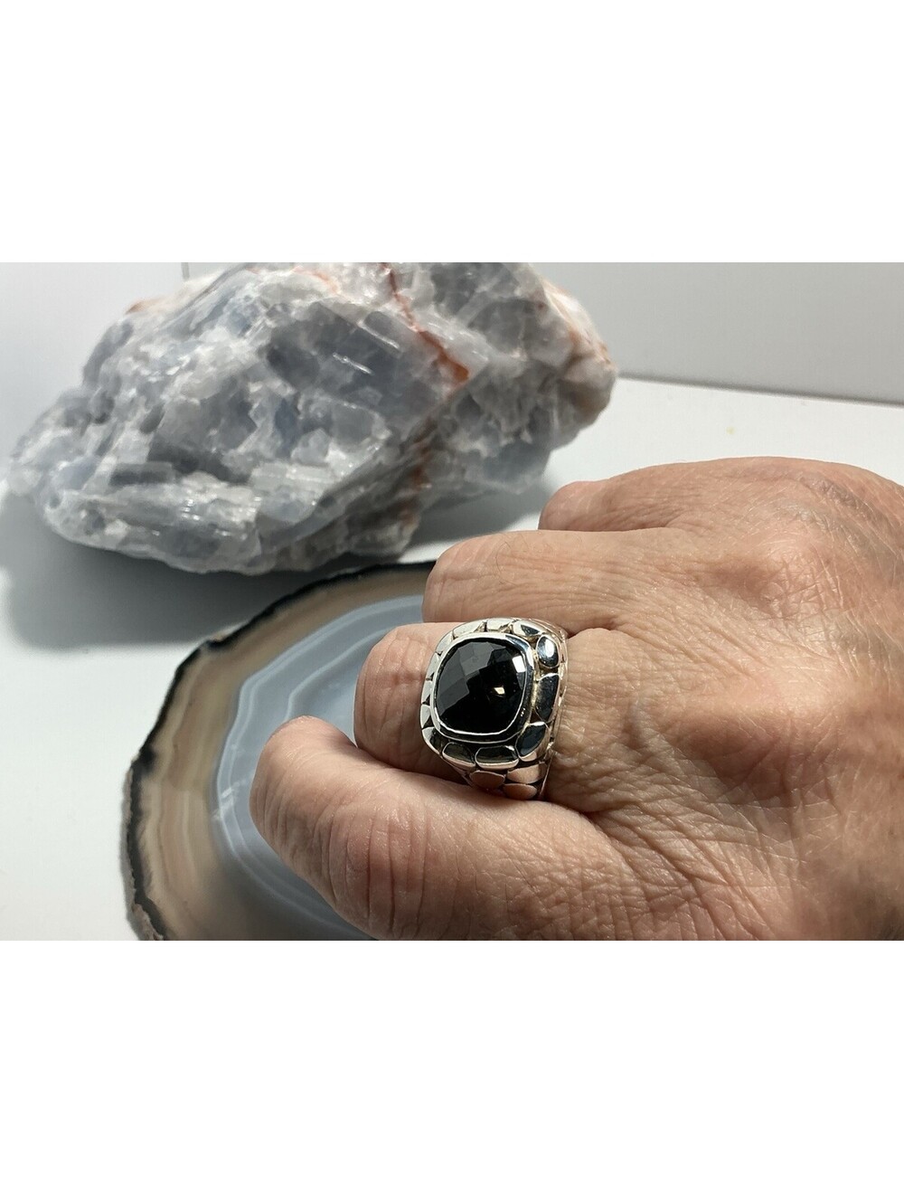 Vintage Pebbled 925 Sterling Silver Faceted Cushion Black Onyx Ring size 9.5